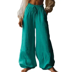 Women's casual loose wide leg trousers with drawstring elastic waist and side pockets