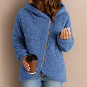 Stylish blue women's casual sherpa fleece hooded jacket with asymmetrical zipper