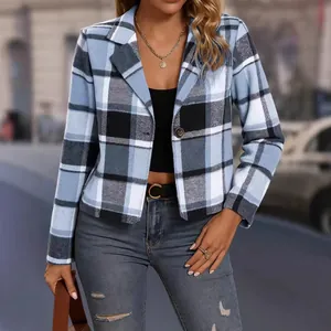 Elegant women's blue and white plaid short blazer jacket for autumn winter street style.
