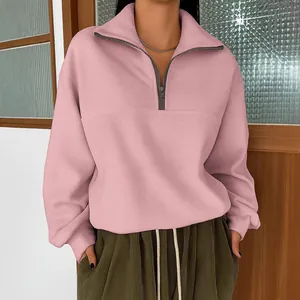 Felpa rosa casual con mezza zip e colletto per la collezione moda autunnale da donna