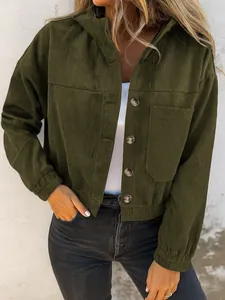 Detail of olive green corduroy hooded jacket for women with buttons and pockets