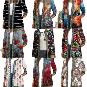 Assorted vintage ethnic print open front cardigans for women in various floral and abstract patterns