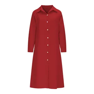 Close-up detail of a red long sleeve lapel button-down shirt dress with a loose casual fit