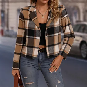 Chic brown and black plaid short blazer jacket for women featuring a stylish lapel collar
