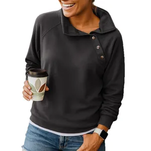 Stylish women's casual loose black long sleeve sweatshirt with buttoned slanted neck