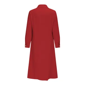 Professional back view of a long-sleeved solid red shirt dress with classic collar