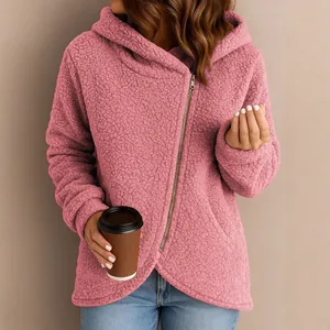 Women's cozy pink sherpa fleece hooded jacket with side zipper closure and front pockets