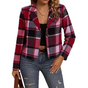 Stylish women's red and pink plaid short blazer jacket for autumn and winter fashion look