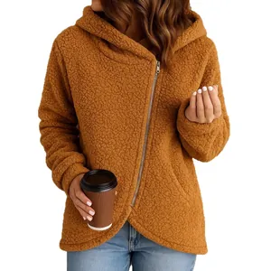 Cozy brown sherpa fleece hooded jacket with side zipper for women, casual winter style.