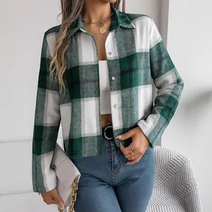 Casual groen en wit geruit jasje voor dames met reverskraag en knoopsluiting herfst