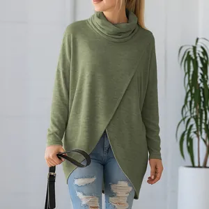 Women's loose olive green cowl neck knit sweater with crossover tulip hem