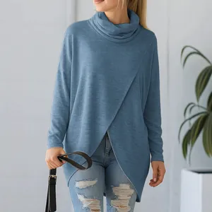 Chic women's casual loose cowl neck knit sweater with unique asymmetric wrap hem