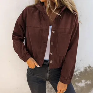 Stylish women's casual loose fit corduroy long sleeve hooded jacket in chocolate brown