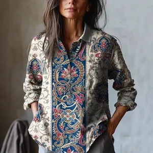 Vintage paisley print long sleeve shirt with pockets for women in loose casual style