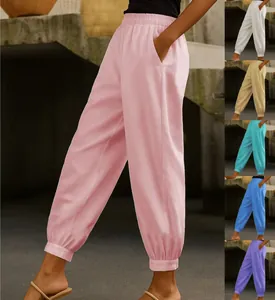 Dettagli opzioni multicolore per pantaloni casual in cotone e lino da donna con tasche.