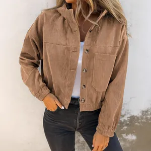 Casual loose-fit women's corduroy hooded jacket with long sleeves and front buttons