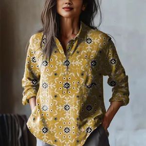 Casual loose long-sleeved mustard yellow floral print button-up pullover shirt for women