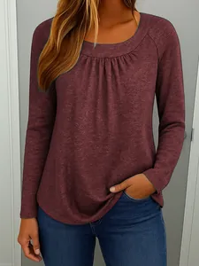 Γυναικεία casual μπλούζα με μακριά μανίκια και πιέτες σε μπορντό χρώμα με στρογγυλή λαιμόκοψη