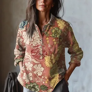Women's vintage floral print long sleeve shirt with buttons and chest pocket.