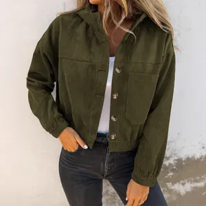 Stylish casual loose-fit women's hooded corduroy jacket with pockets in dark green