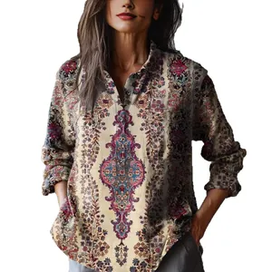 Vintage ethnic floral print long sleeve shirt for women with casual loose fit design