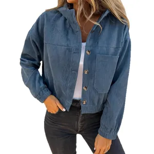 Casual loose blue corduroy hooded jacket for women featuring front buttons and pocket