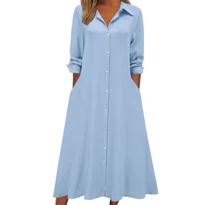 Elegant light blue long sleeve shirt dress with lapel collar and pocket detail
