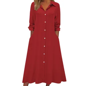 Elegant solid red long sleeve shirt dress with lapel and functional side pockets