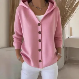 Damen Casual Locker Gestrickt Kapuzenstrickjacke Polyester Spandex Strickware Rosa Knopfleiste Vorne Langarm Jacke