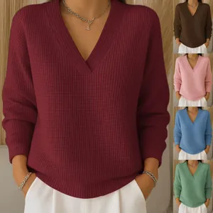 Dames Casual Wafelbreisel V-hals Pullover Top Lange Mouw Losse Pasvorm Effen Kleur Mode Polyester T-Shirt Herfst Kleding