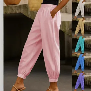 Pantaloni da Donna Casual in Cotone Lino Vita Elastica Pantaloni Conici Tinta Unita Jogger Lunghezza Totale Con Tasche Laterali Stile Retro