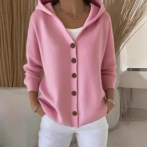 Gemütliche rosa Kapuzenstrickjacke für Damen, locker sitzender Knopf-Strickpullover