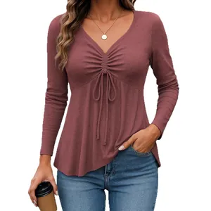 Top casual da donna a maniche lunghe con scollo a V e coulisse in tessuto a coste