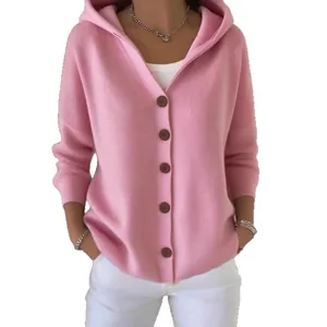 Modische lockere rosa Kapuzenstrickjacke für Damen, herbstliche Freizeitkleidung