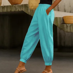 Pantaloni casual in cotone e lino a tinta unita con elastico in vita e tasche