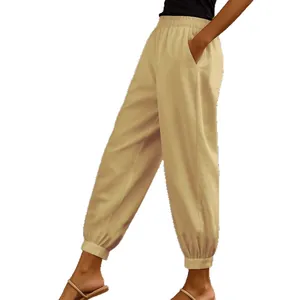 Comodi pantaloni jogger in cotone e lino kaki con vita elastica e tasche laterali