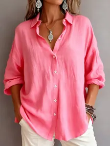 Casual loose pink long-sleeve lapel blouse with textured fabric and button-down design