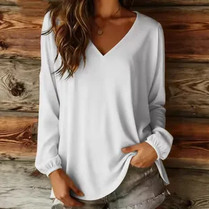 Elegant white V-neck long sleeve blouse for women in a loose casual fall fashion style
