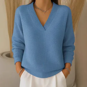 Blauwe wafelgebreide trui met V-hals voor dames, casual losse pasvorm pullover chic