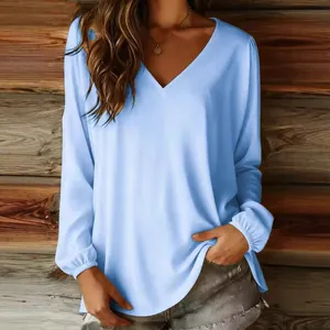 Elegant light blue V-neck long-sleeve loose pullover blouse for women's casual wear