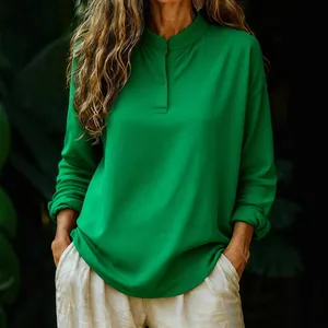 Elegant women's casual loose green solid color long sleeve blouse shirt for autumn