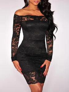 Close-up of sexy off-shoulder black lace bodycon evening dress with long sleeves.