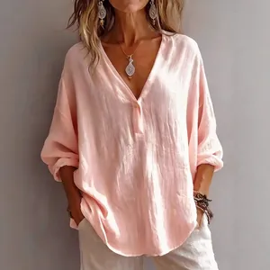 Women's casual loose pink V-neck long sleeve pullover blouse for autumn fashion style