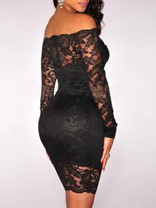 Close-up of black lace off-shoulder bodycon mini dress showing intricate floral pattern