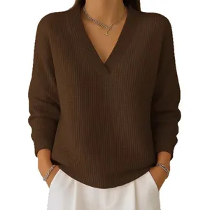 Stijlvolle dames casual losse wafelgebreide trui met V-hals in donkerbruine kleur