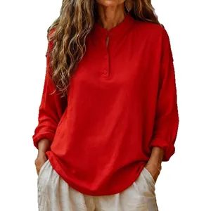 Casual loose fit solid red long sleeve blouse for women featuring a buttoned collar