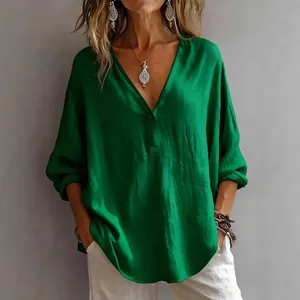 Casual loose long sleeve V-neck blouse in vibrant green color for autumn fashion style.