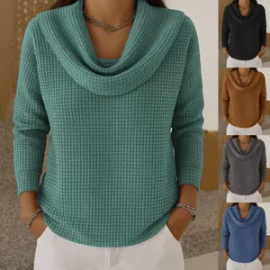Haut à Manches Longues en Tricot Gaufré pour Femmes Automne Col Bénitier Décontracté Ample Couleur Unie Pull en Polyester Mode