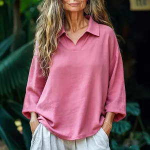 Casual loose fit long sleeve pink collared shirt for women in autumn fashion style