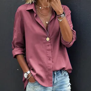 Elegante mauve effen kleur overhemd met lange mouwen en revers voor een herfstachtige damesstijl